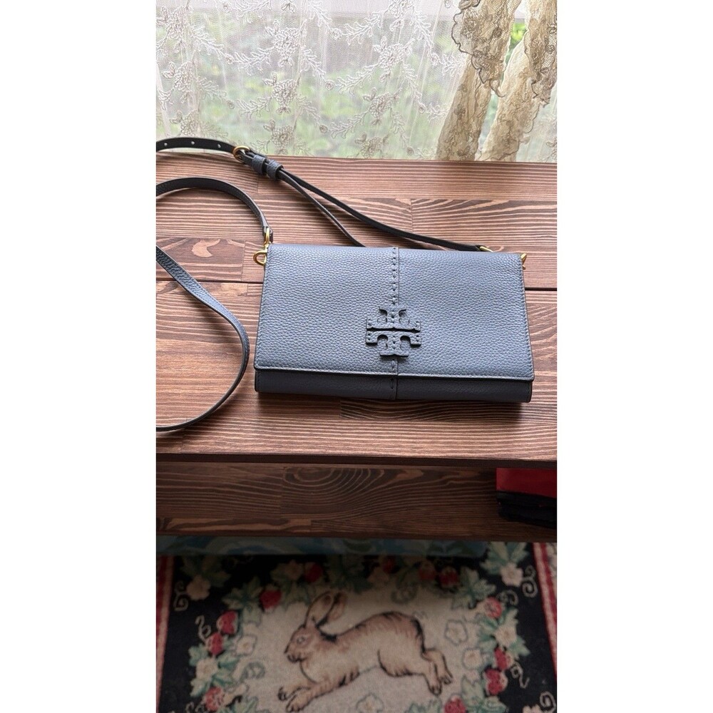 Tory Burch McGraw Flat Pebbled Leather Wallet Crossbody Clutch Blue ECU